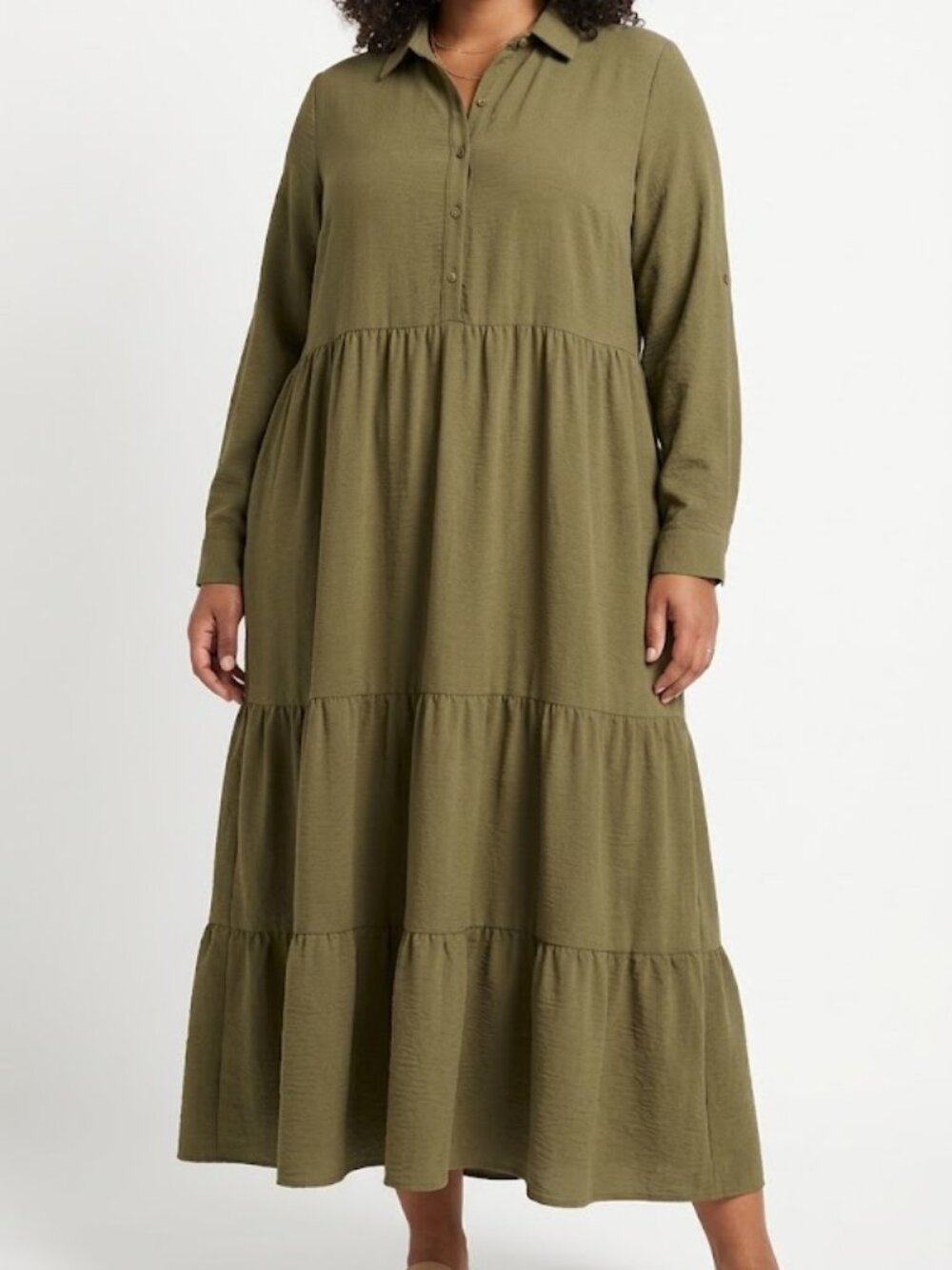 NWT Max Studio London Tiered Gauze Shirtdress in olive green Size XL